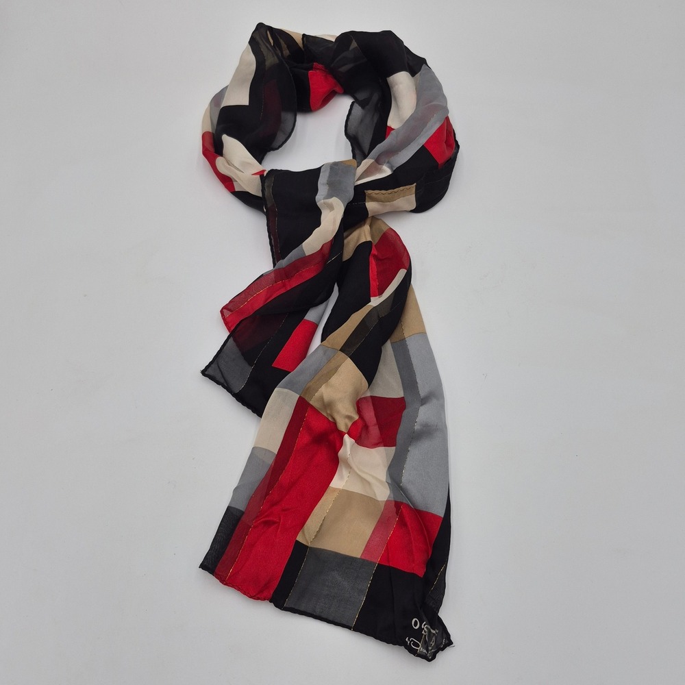 Oscar de la Renta Scarf Red Black Geometric Colorblock Gold Metallic Sheer